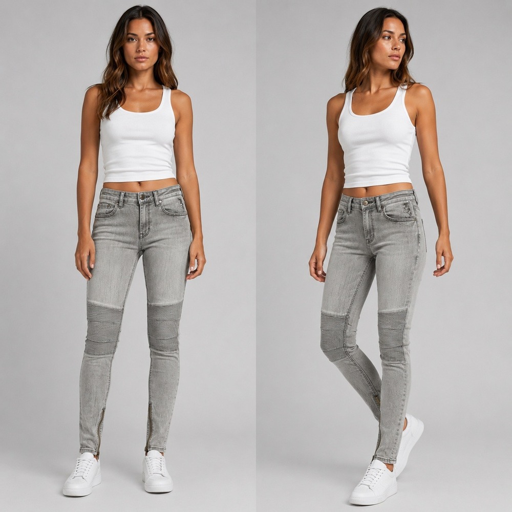 Greywire Moto Skinny Jeans Grey Ribbed Knee Ankle Zip Stretch Pants‎ Womens 27